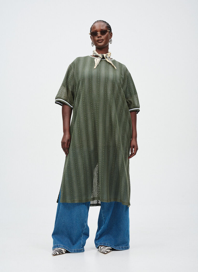 Midikjole med hulmønster og korte ærmer, Grøn, Image