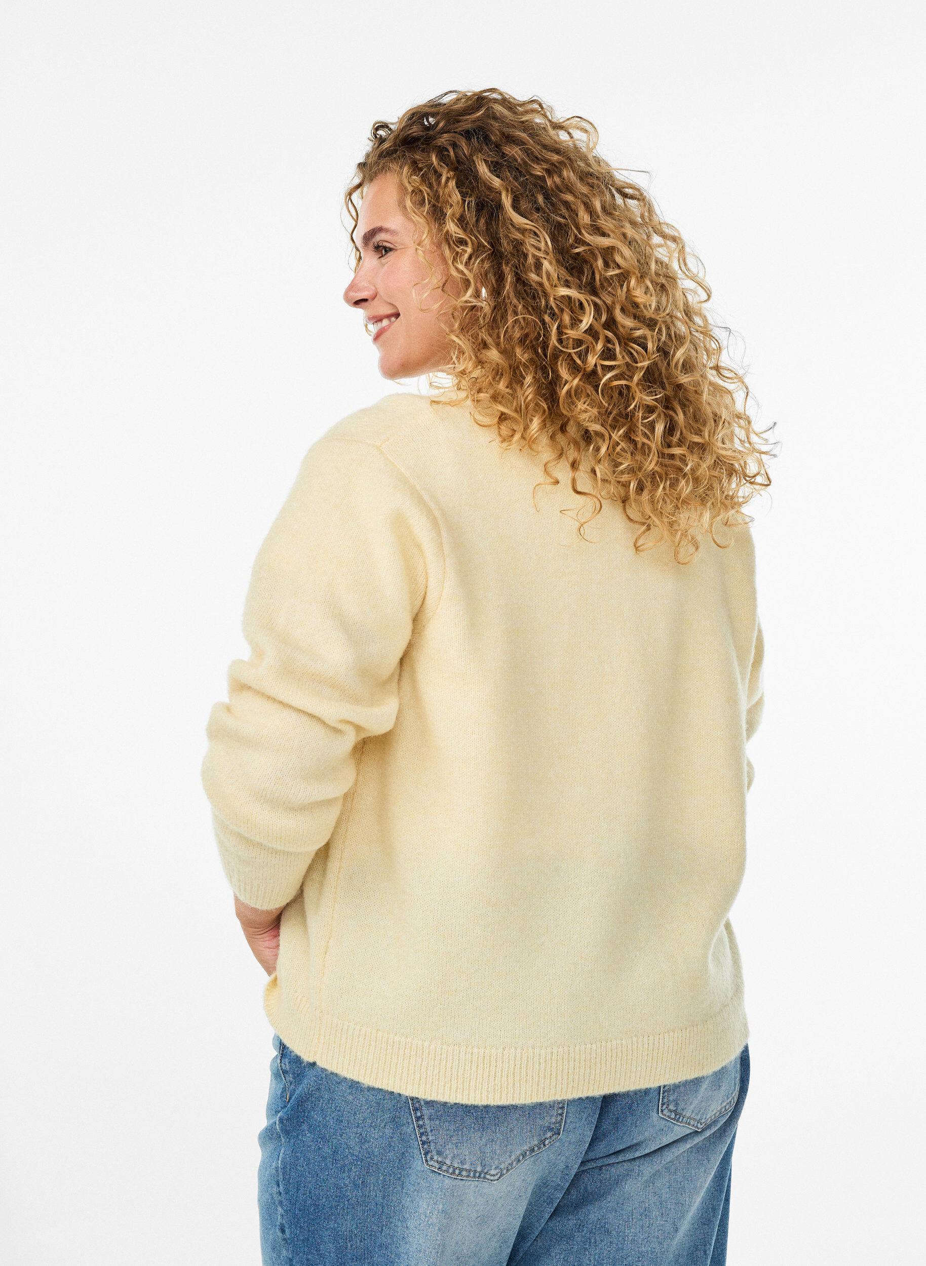 Zizzi Strikket cardigan med krave og knapper, Gul, Model image number 2