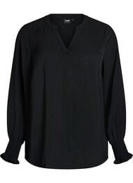 Bluse med smock manchetter og V-udsk&aelig;ring, Sort