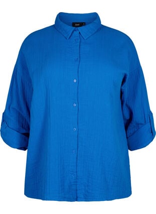 Skjorte med krave i bomuldsmusselin, Victoria blue, Packshot image number 0