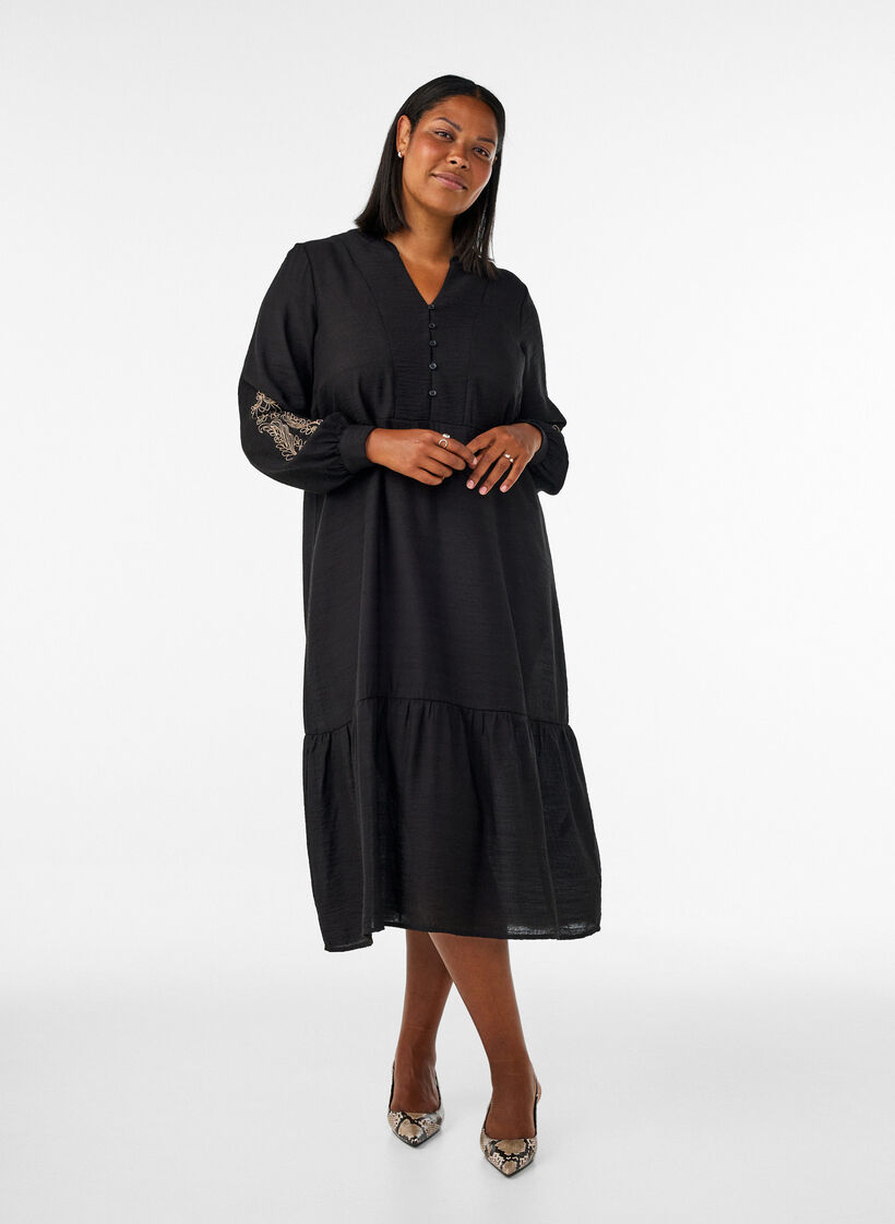 Viskosekjole med broderi og fl&aelig;selag, Sort, Model image number 0