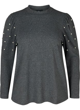 Meleret bluse med pufærmer og perler, Dark Grey Melange, Packshot image number 0