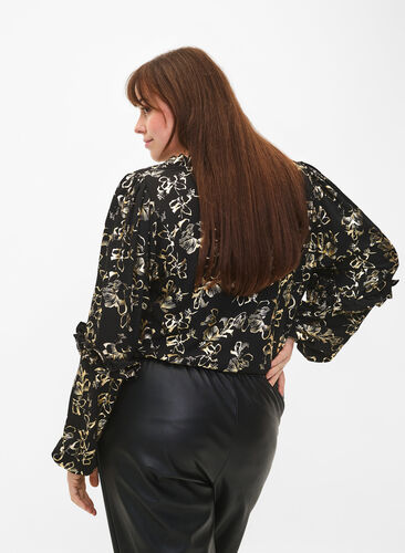 Langærmet bluse med flæser og folieprint, Black Foil AOP, Model image number 1