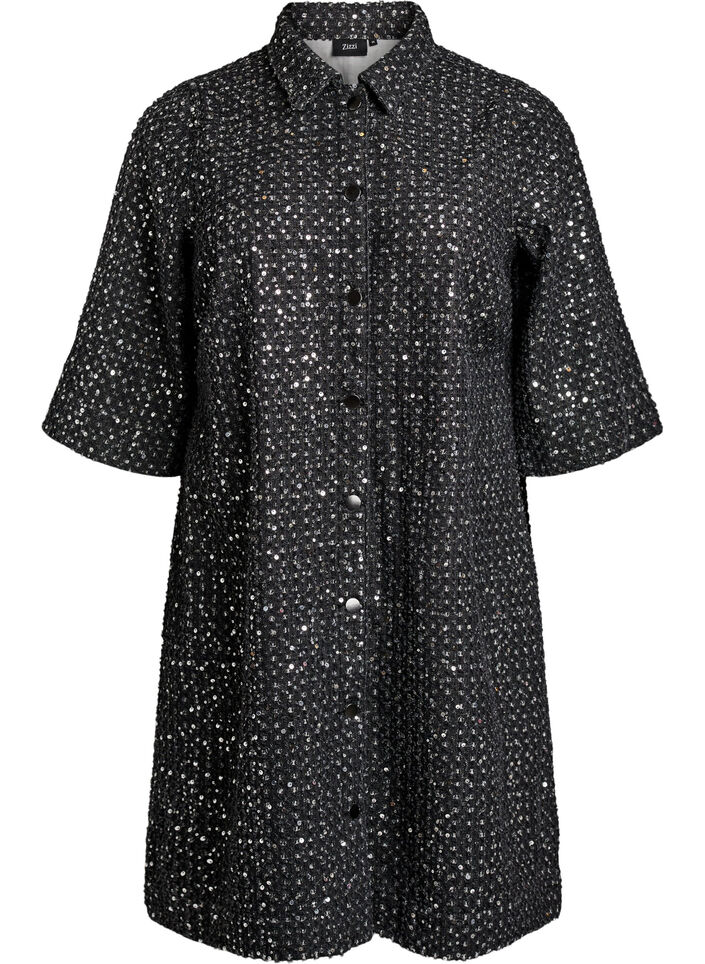 Denimkjole med pailletter og 3/4-&aelig;rmer, Sort, Packshot image number 0