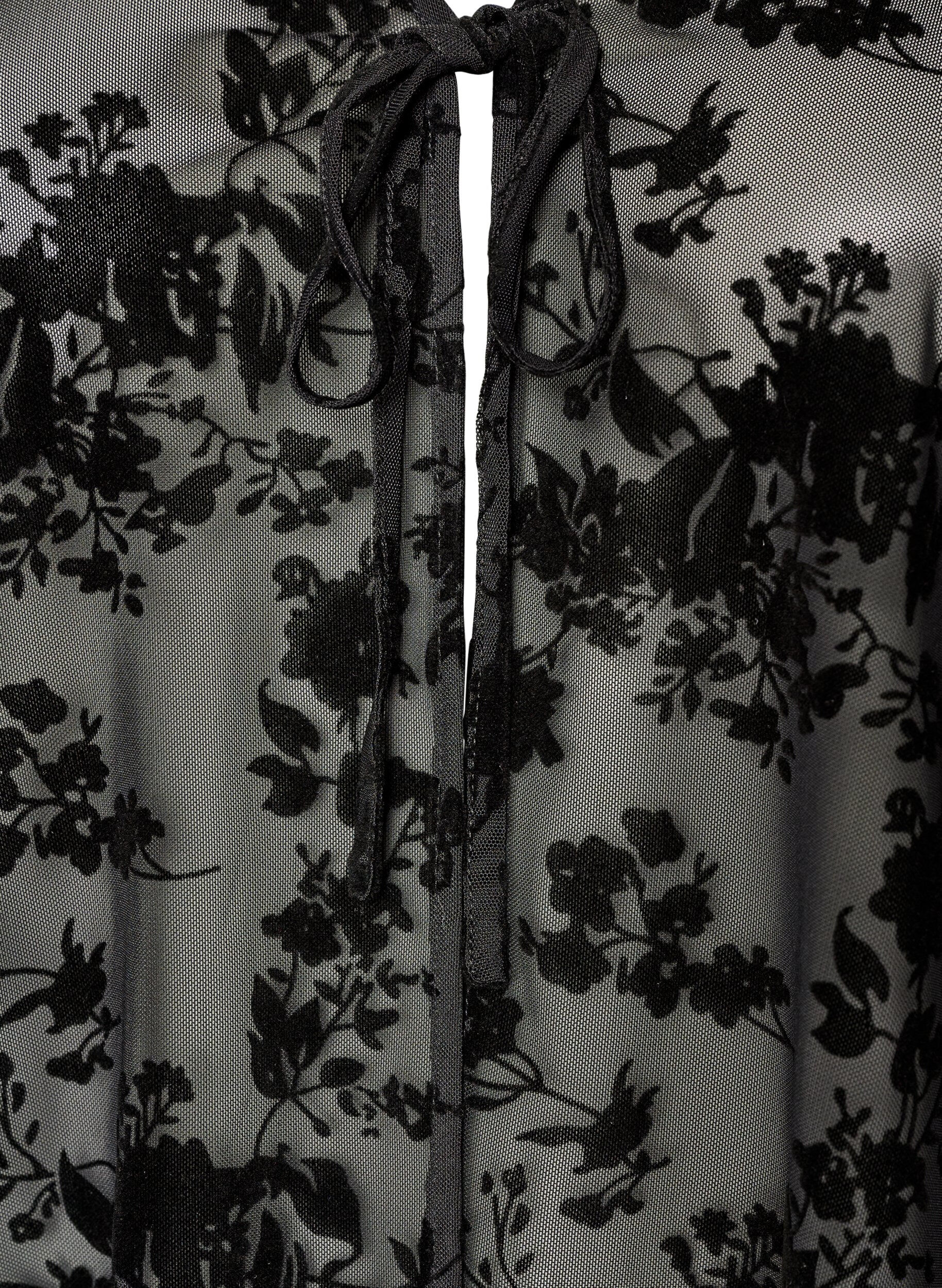 ZizziMeshbluse med blomsterm&oslash;nster og &aring;ben front, Sort, Packshot image number 2