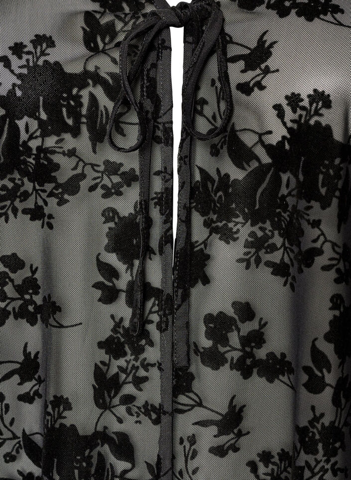 Meshbluse med blomsterm&oslash;nster og &aring;ben front, Sort, Packshot image number 2