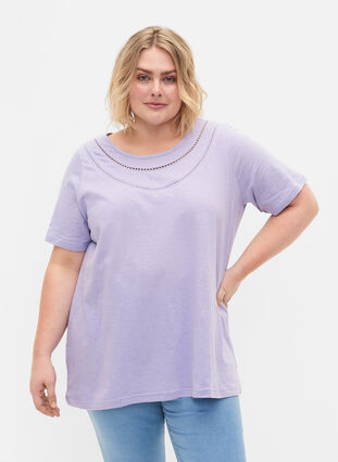 Bomulds t-shirt med blondebånd, Lavender, Model image number 0