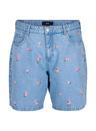 Denim shorts med broderede blomster, Light Blue AOP, Packshot image number 0
