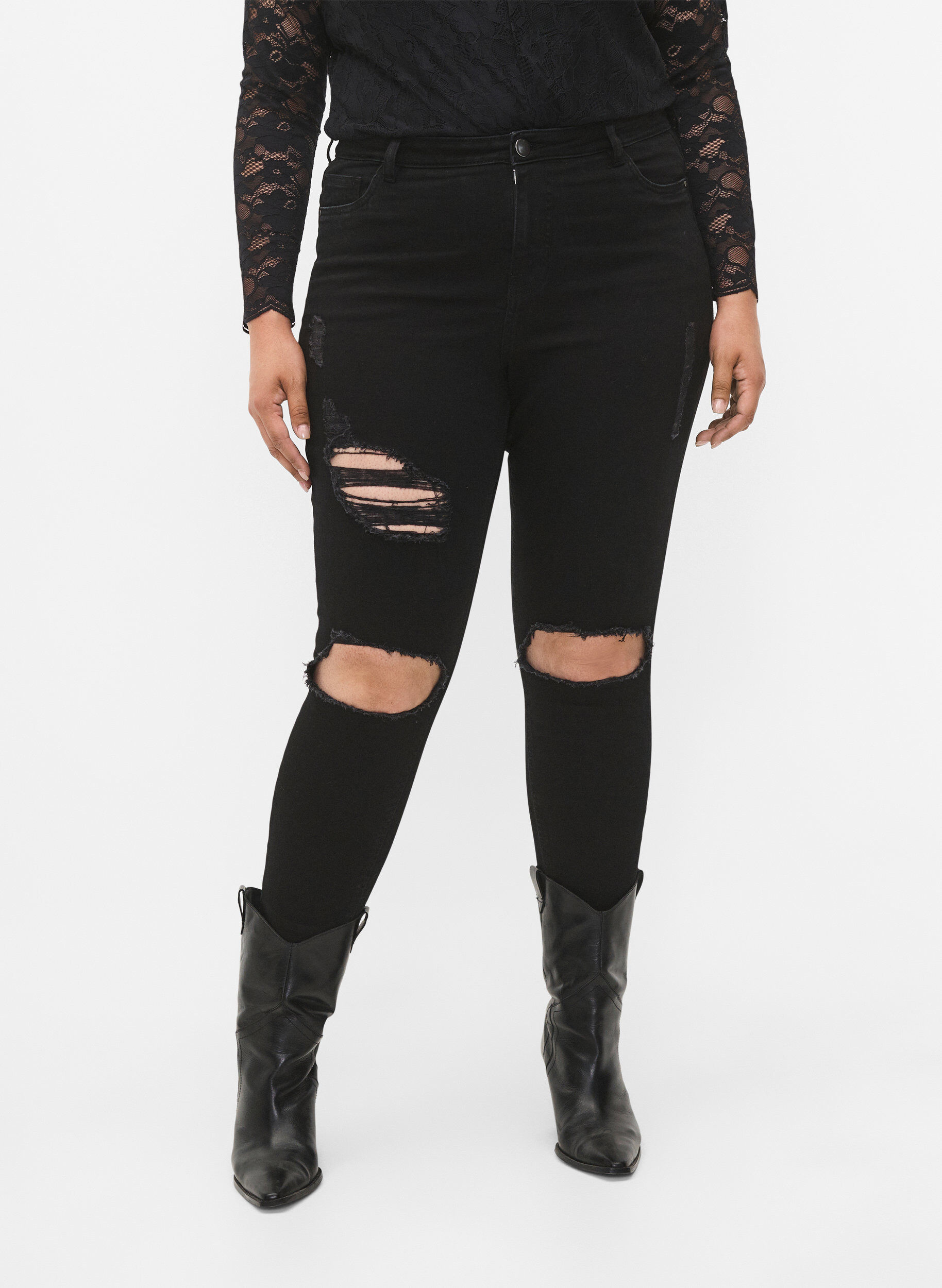 Zizzi T&aelig;tsiddende jeans med sliddetaljer, Black, Model image number 2
