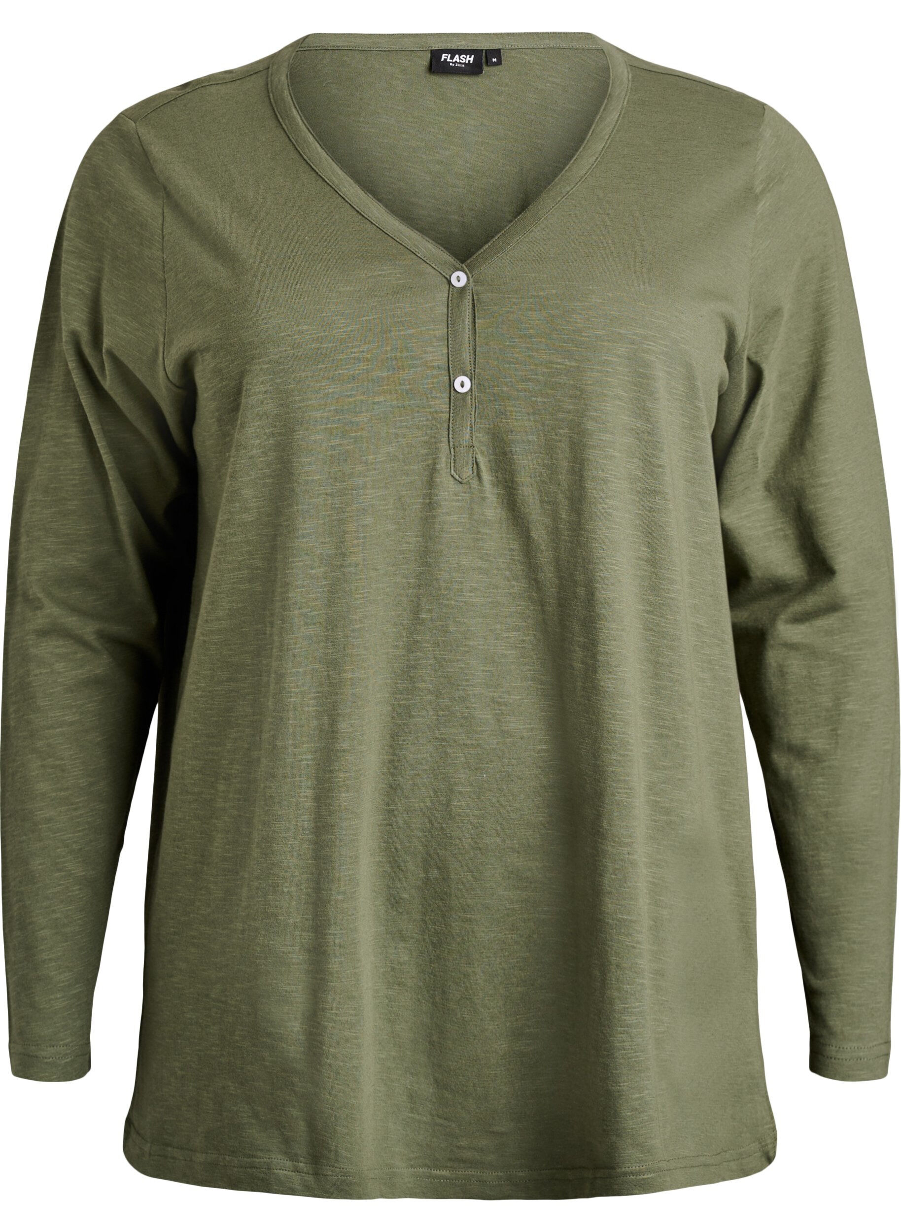 FLASH - Lang&aelig;rmet t-shirt med V-hals og knapper