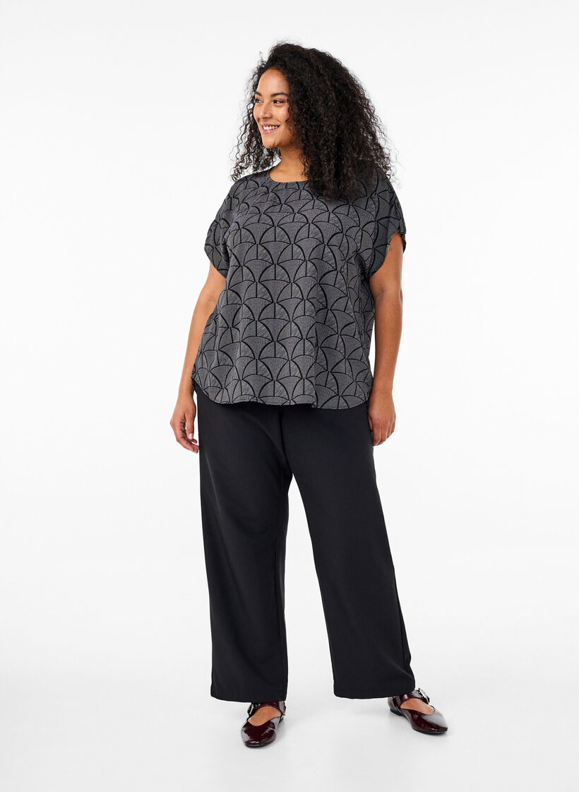 Kortærmet bluse med print, Black Grey Graphic , Model image number 2