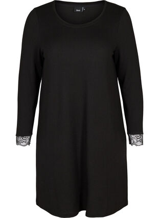 Kjole med lange ærmer og blonder, Black , Packshot image number 0