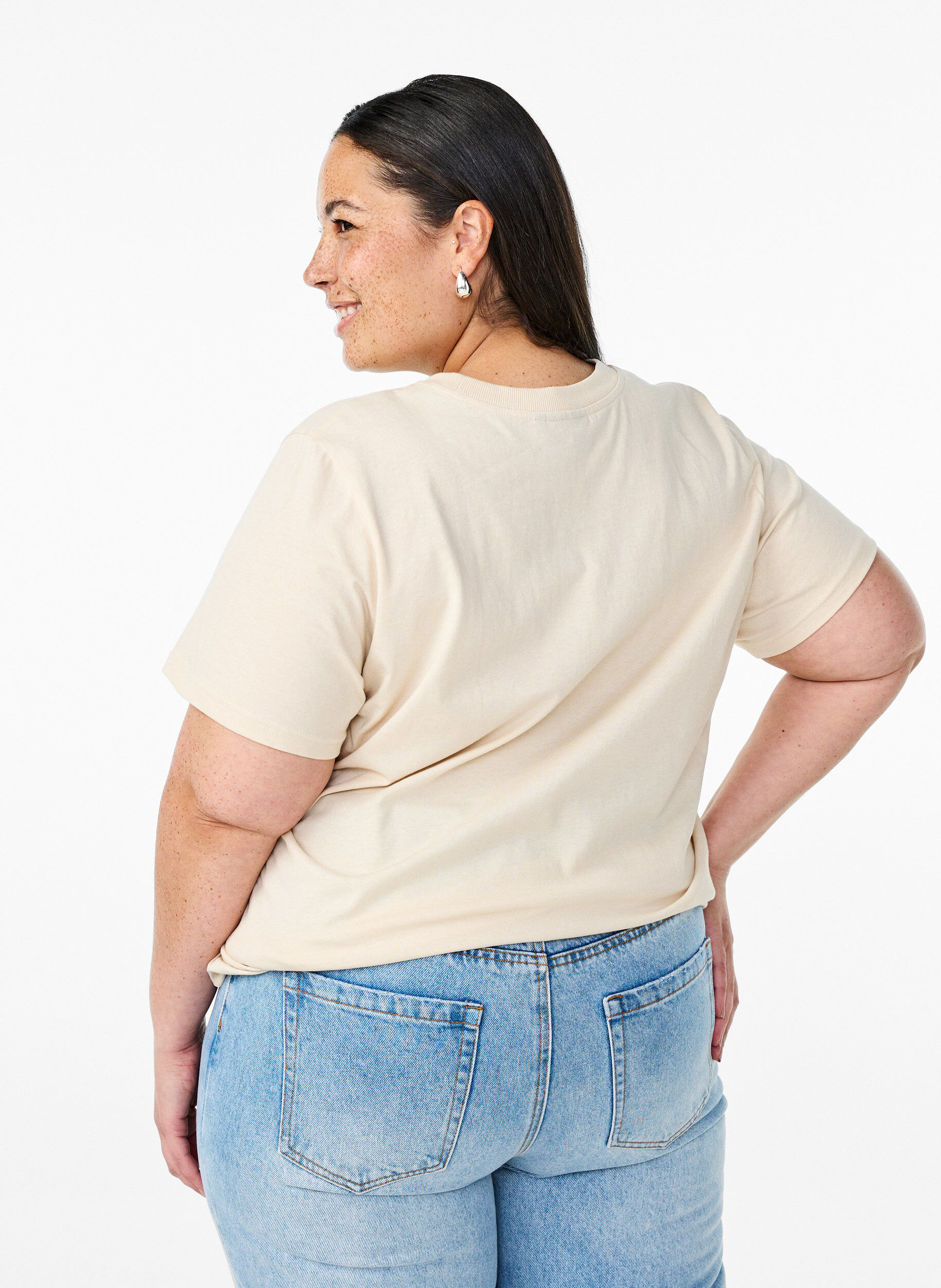 Zizzi T-shirt i bomuld med motiv, Beige, Model image number 2