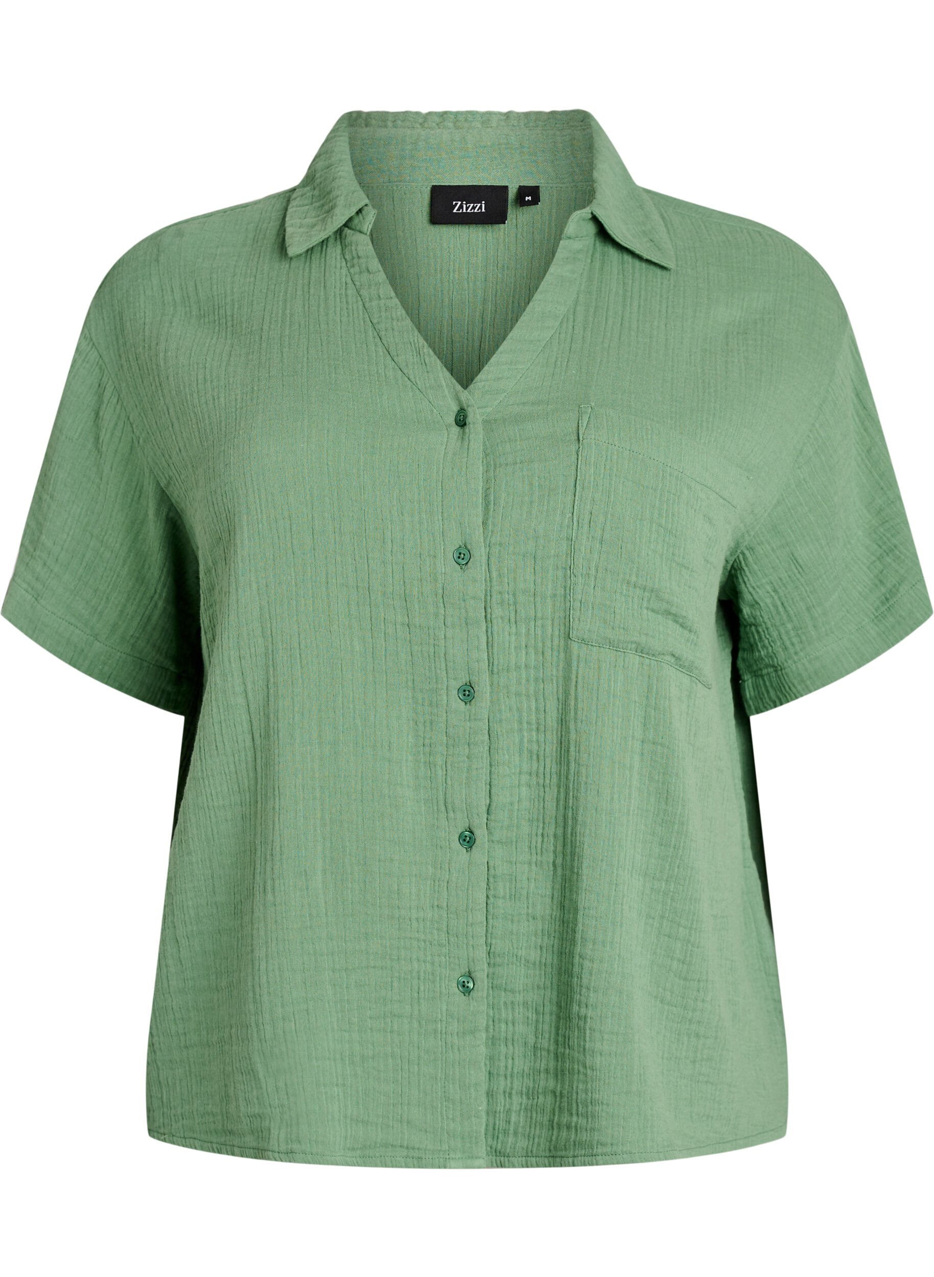 ZizziSkjortebluse i bomuldsmusselin med korte &aelig;rmer, Gr&oslash;n, Packshot image number 0