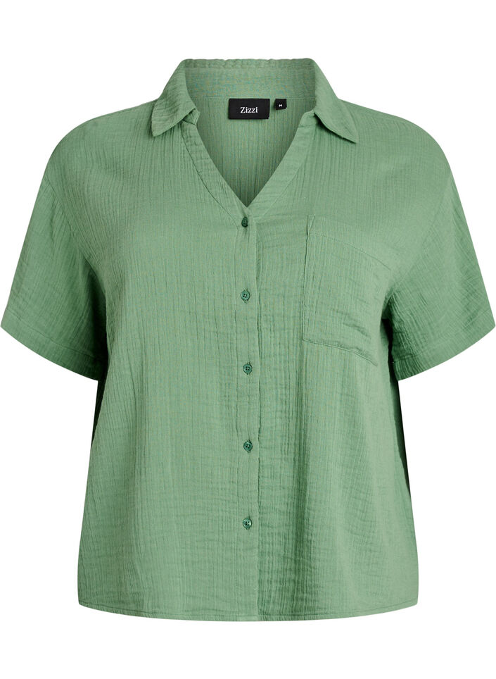 Skjortebluse i bomuldsmusselin med korte &aelig;rmer, Gr&oslash;n, Packshot image number 0