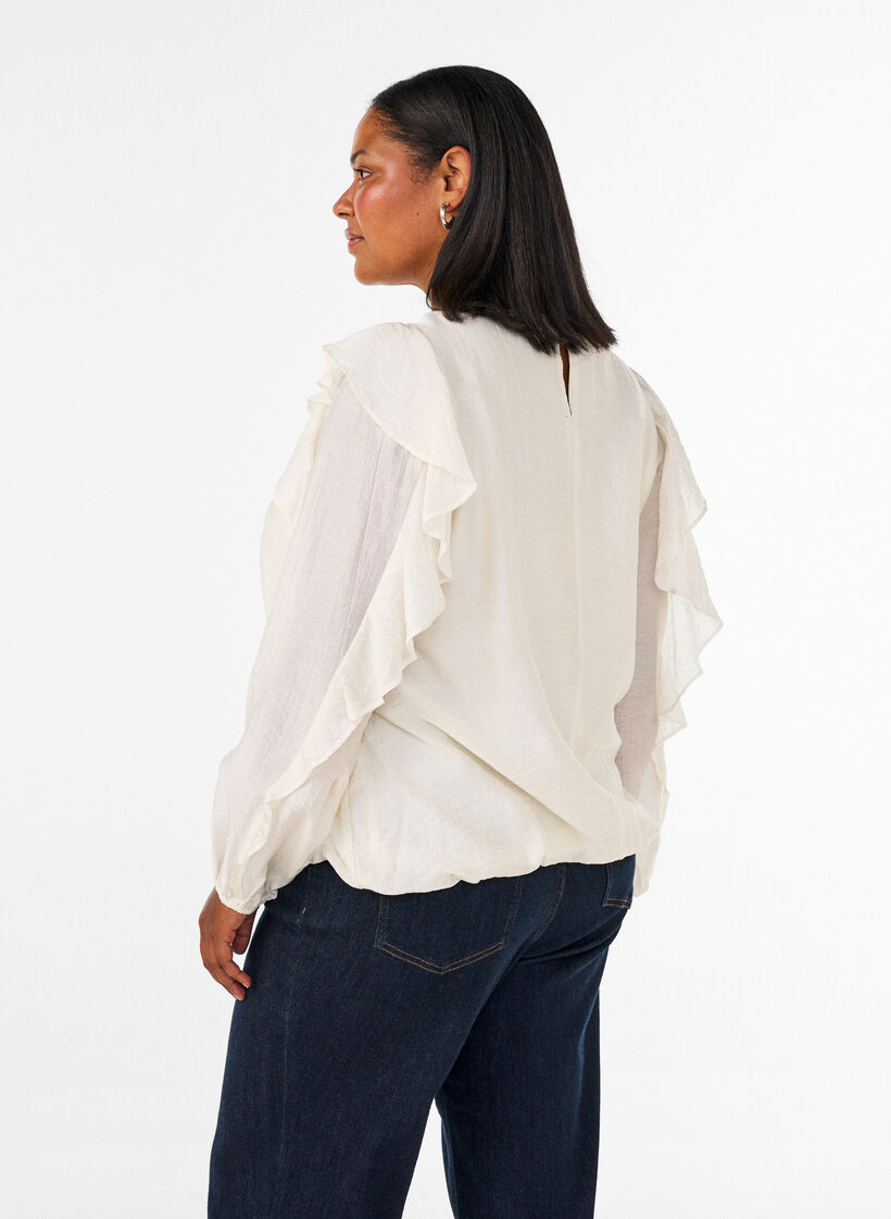 Bluse med fl&aelig;ser og ballonform, Vanilla, Model image number 2