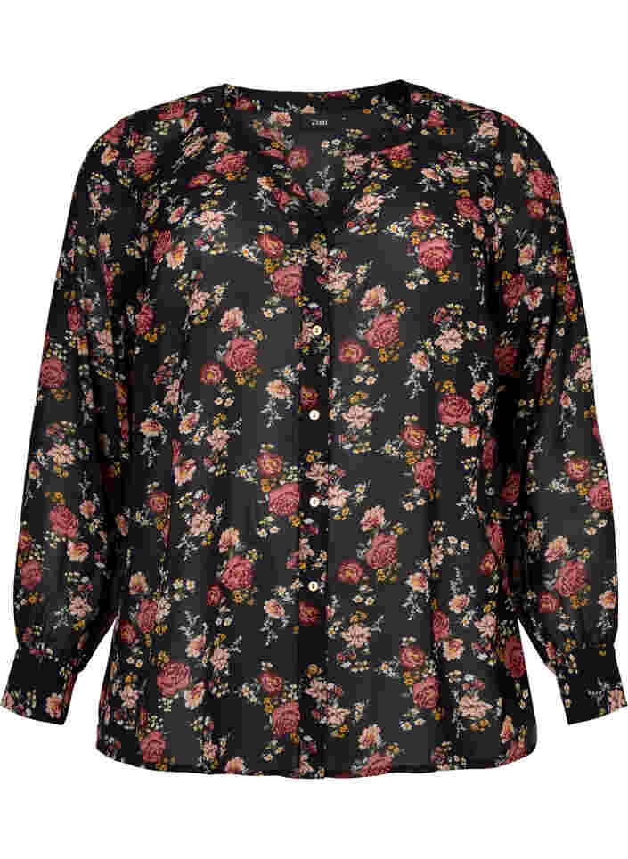 Skjorte med v-udskæring og print, Black/Red Flower, Packshot image number 0