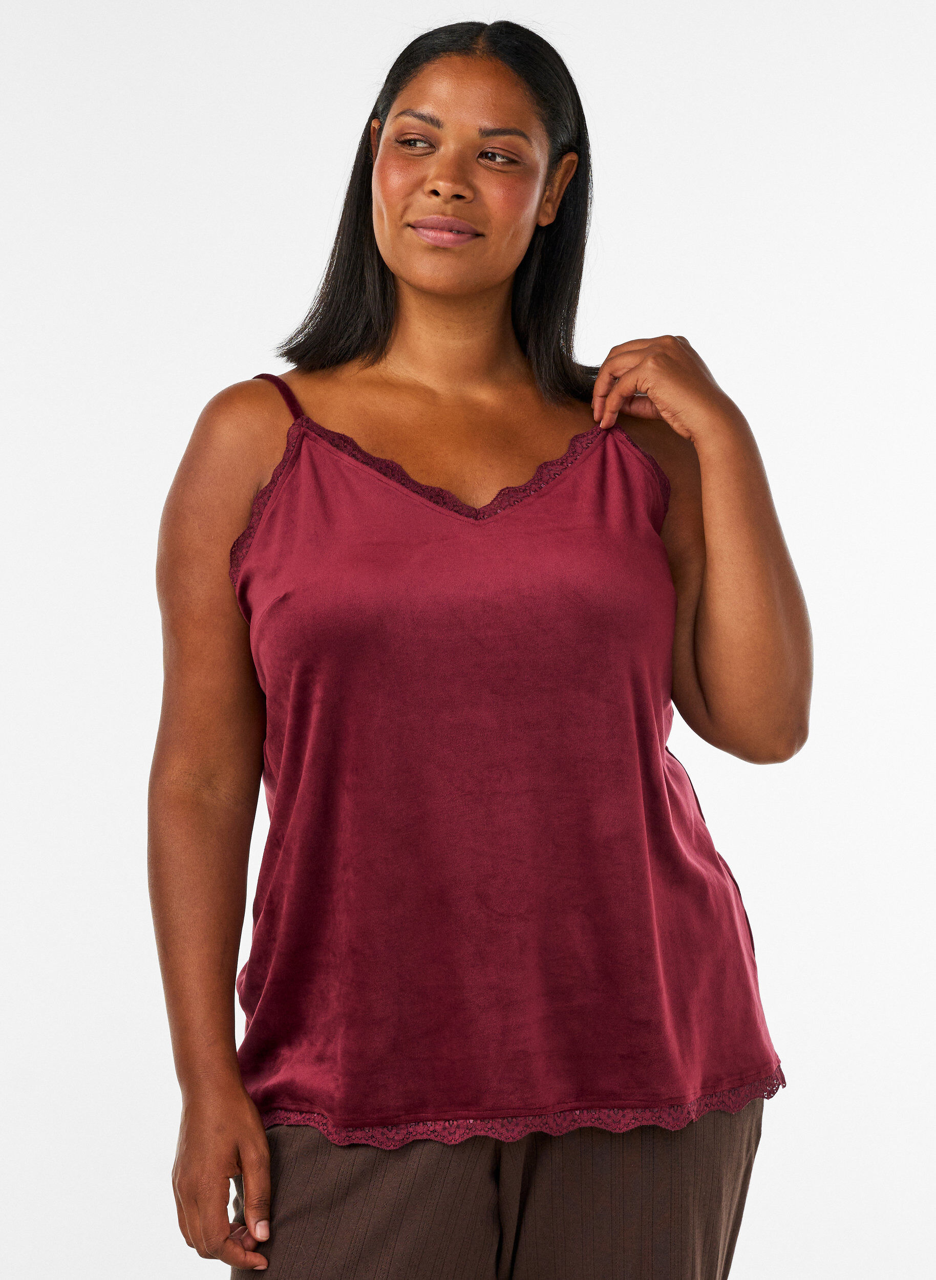 Velourtop med blondekanter, R&oslash;d, Model