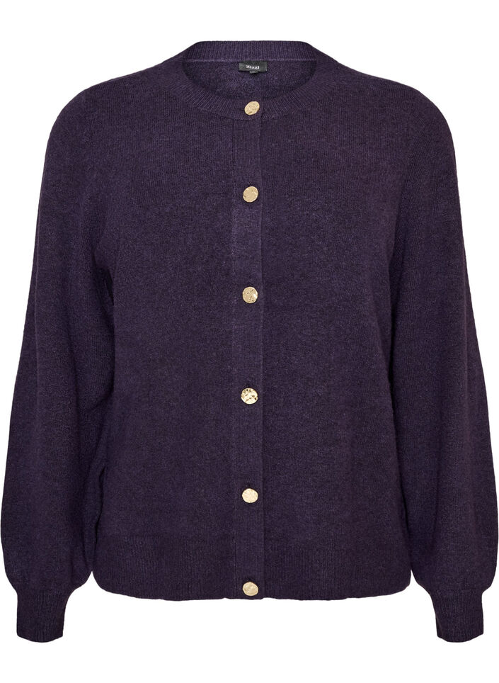 Cardigan i bl&oslash;d strik med guldfarvede knapper, Lilla, Packshot image number 0