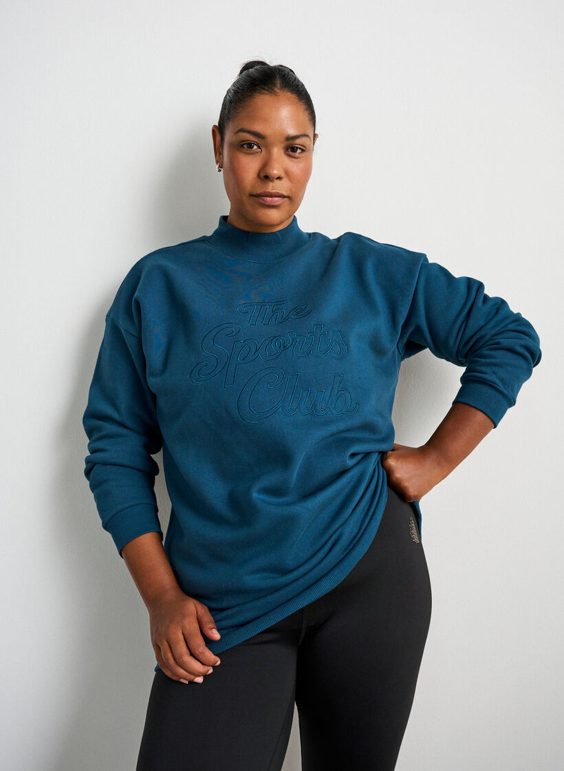 Lang sweatshirt med h&oslash;j hals og broderet tekst, Bl&aring;, Model image number 0