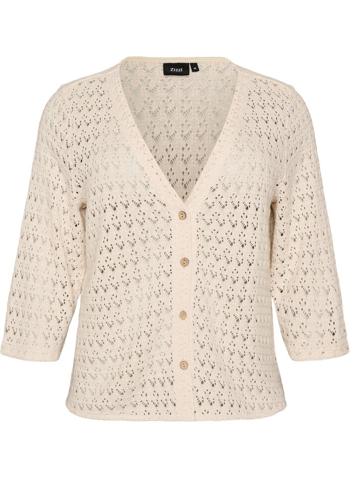 Strikket cardigan med hulm&oslash;nster og V-udsk&aelig;ring, Beige, Packshot image number 0