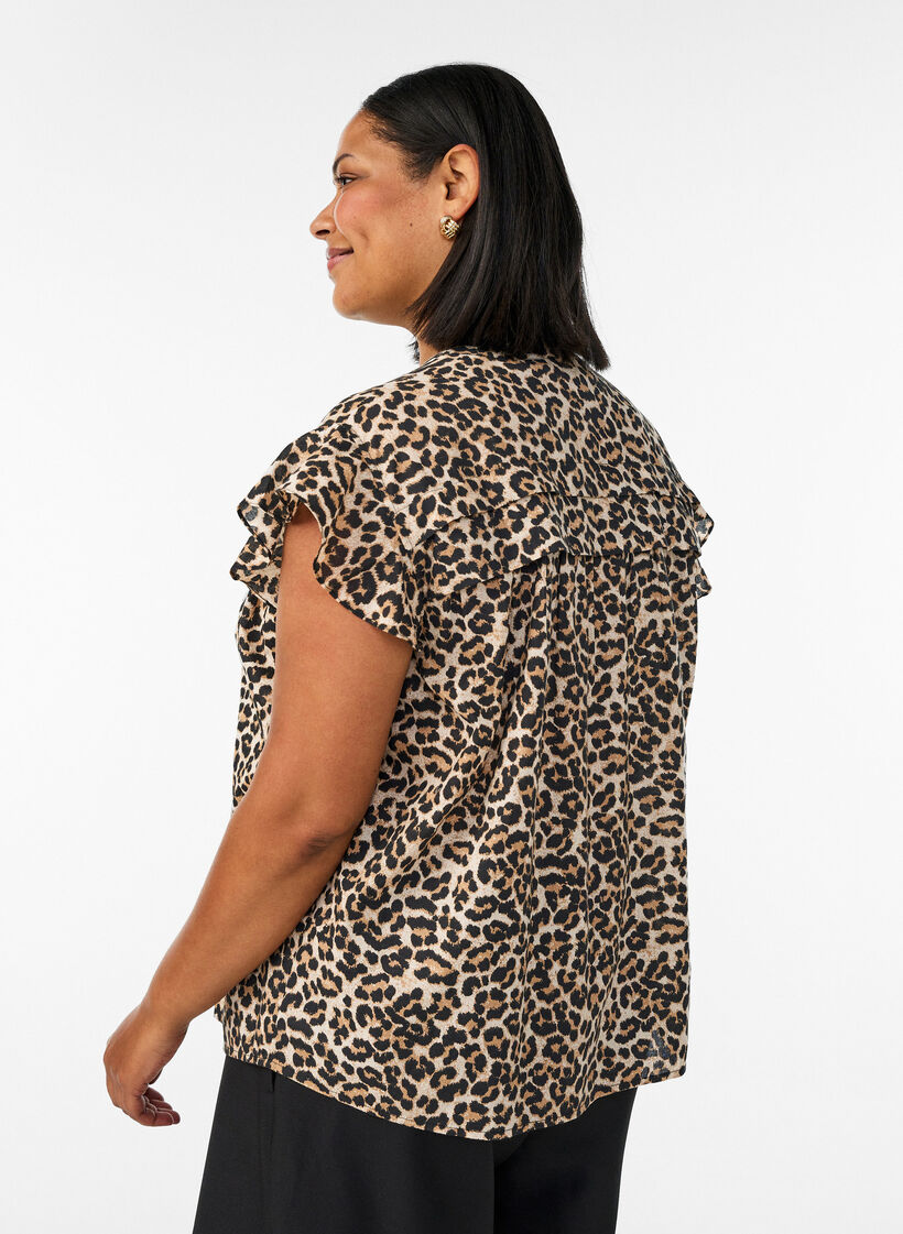 &AElig;rmel&oslash;s skjortebluse i bomuld med A-form, Brun, Model image number 2