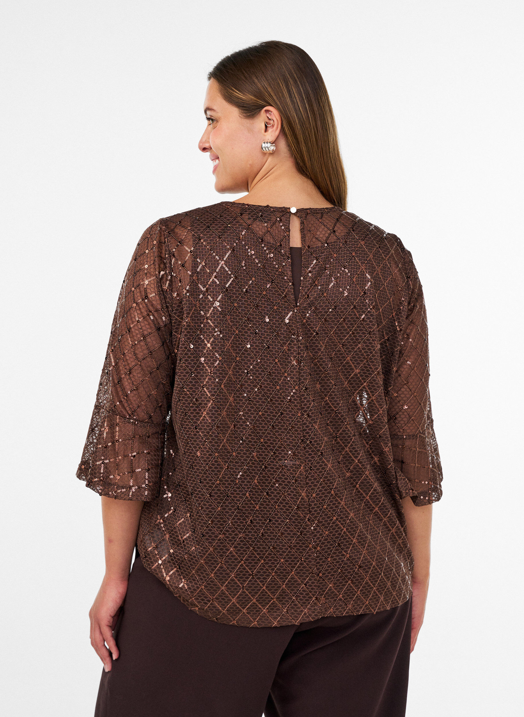 ZizziTransparent bluse med pailletter og diamantm&oslash;nster, Brun, Model image number 2