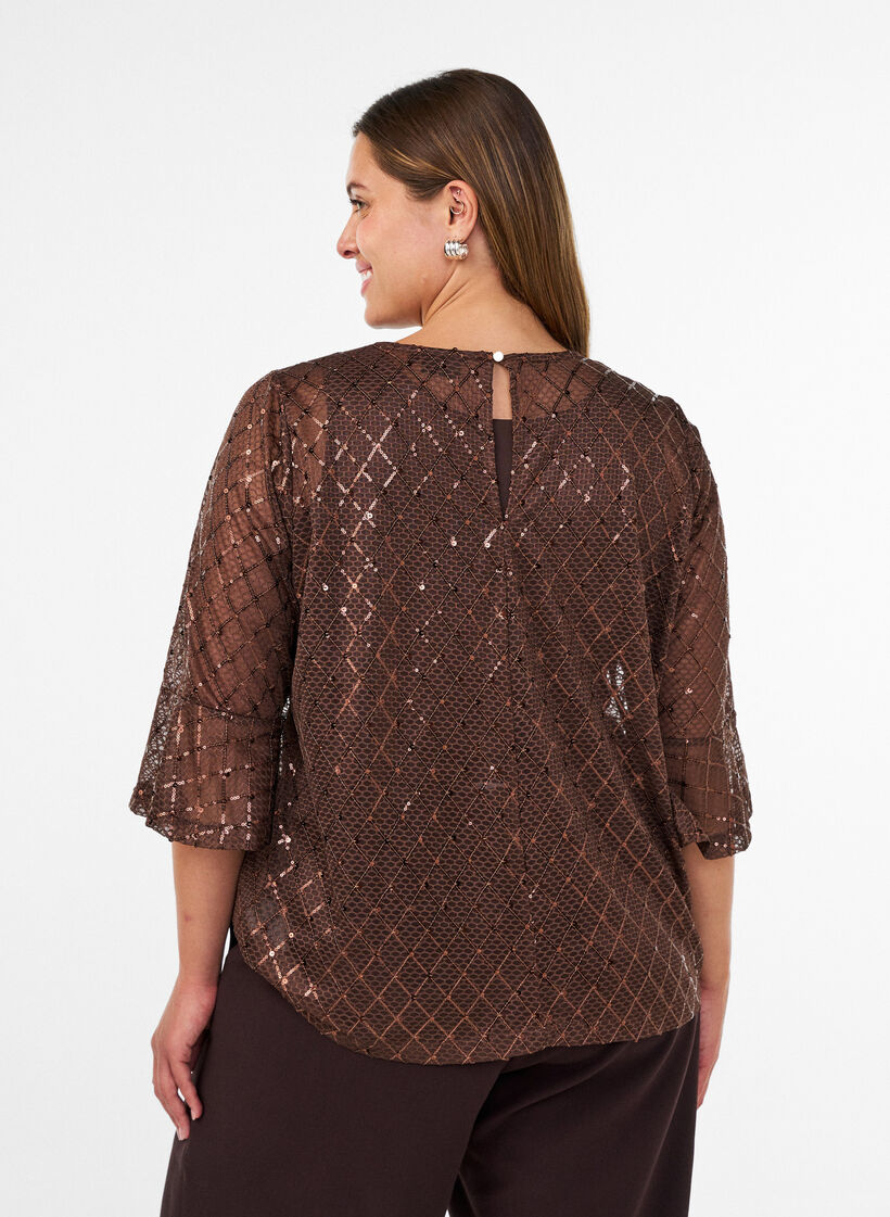 Transparent bluse med pailletter og diamantm&oslash;nster, Brun, Model image number 2