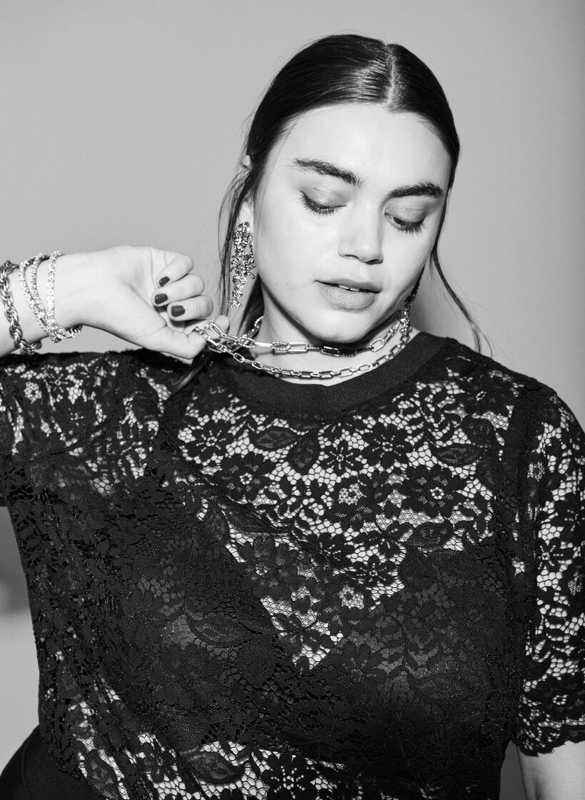 Blondebluse med korte ærmer og rund hals, Sort, Image