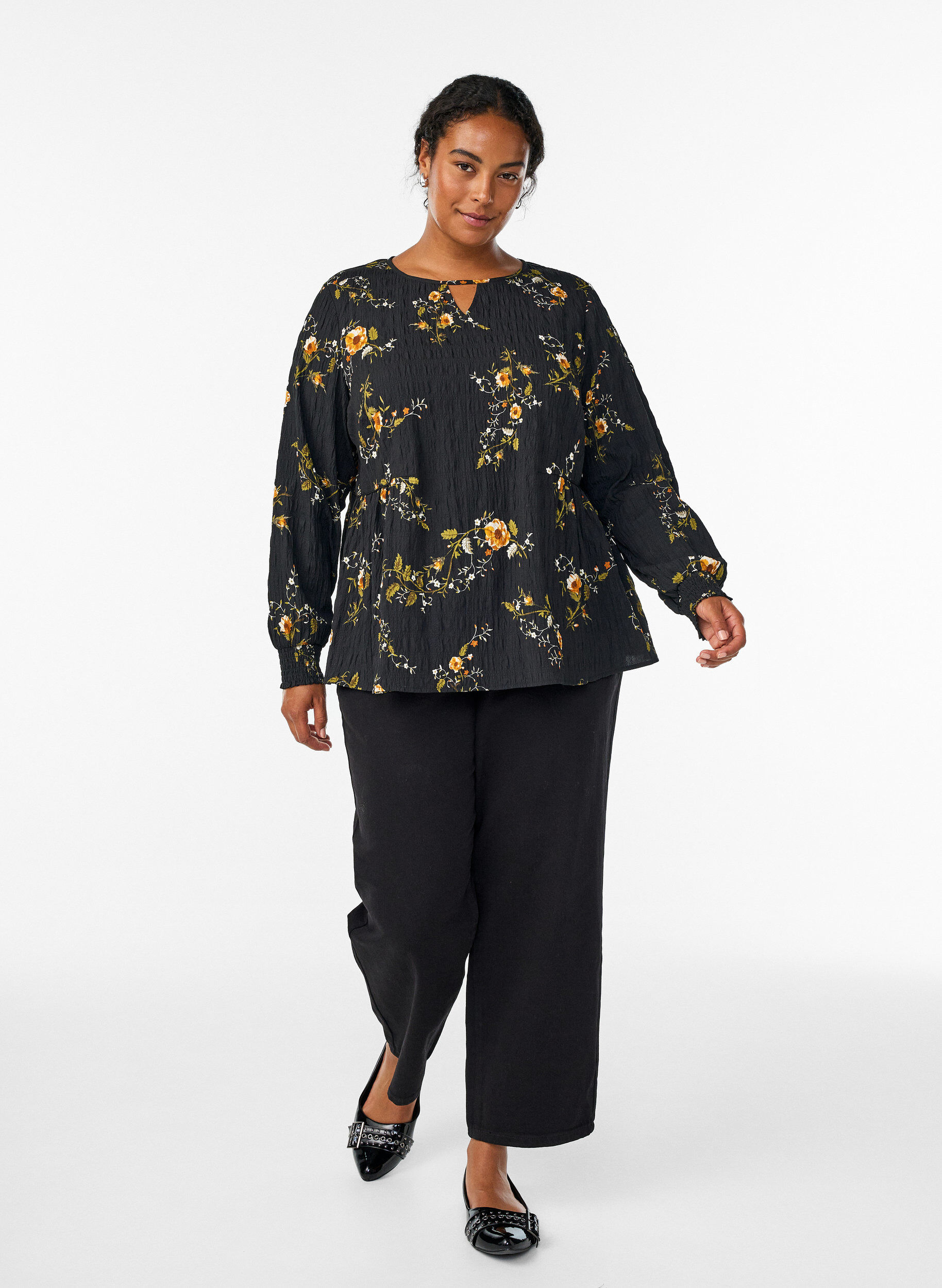ZizziLang&aelig;rmet bluse med blomsterprint, Sort, Model image number 1