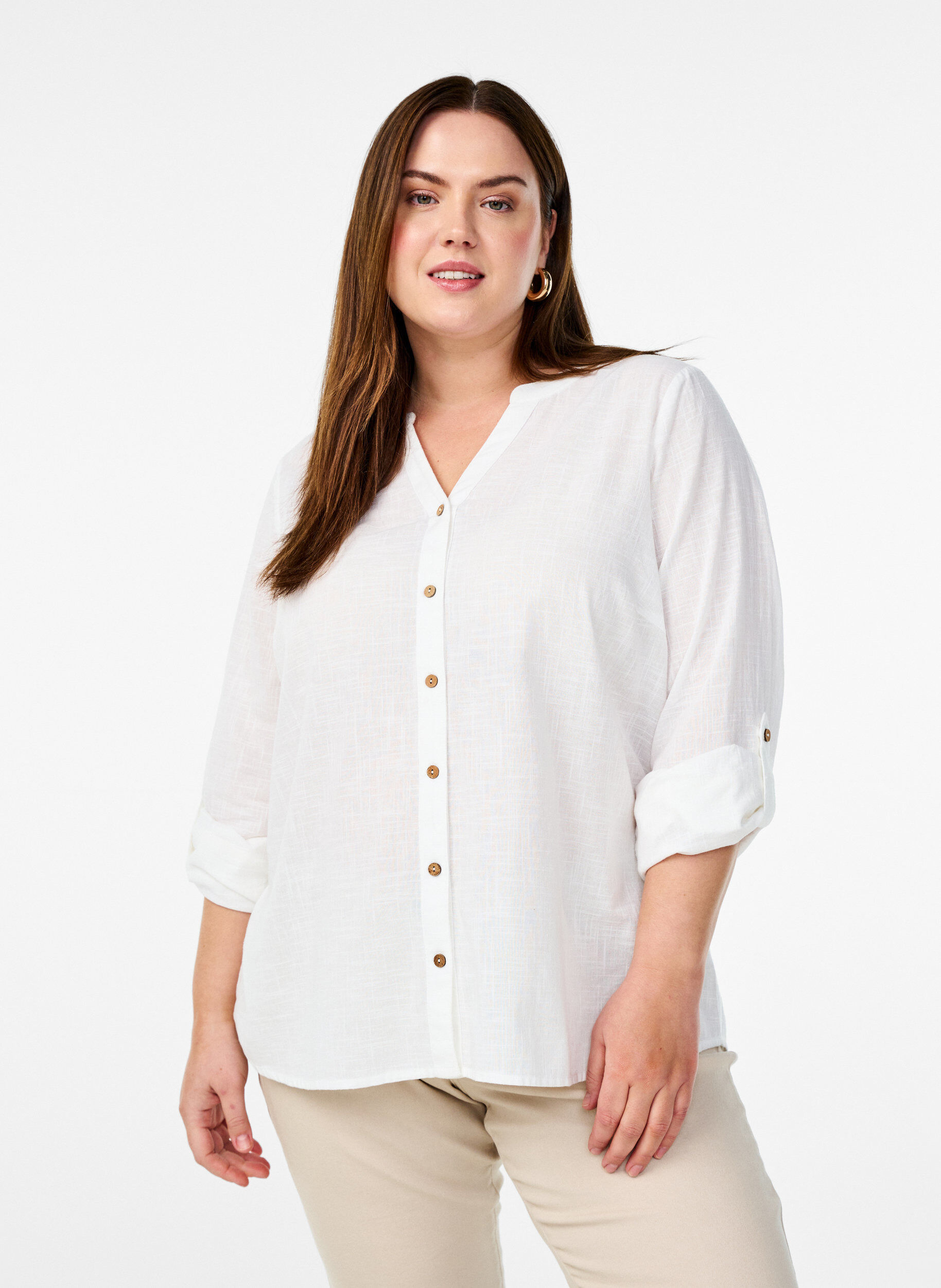 ZizziSkjortebluse i bomuld med v-udsk&aelig;ring, Hvid, Model image number 0