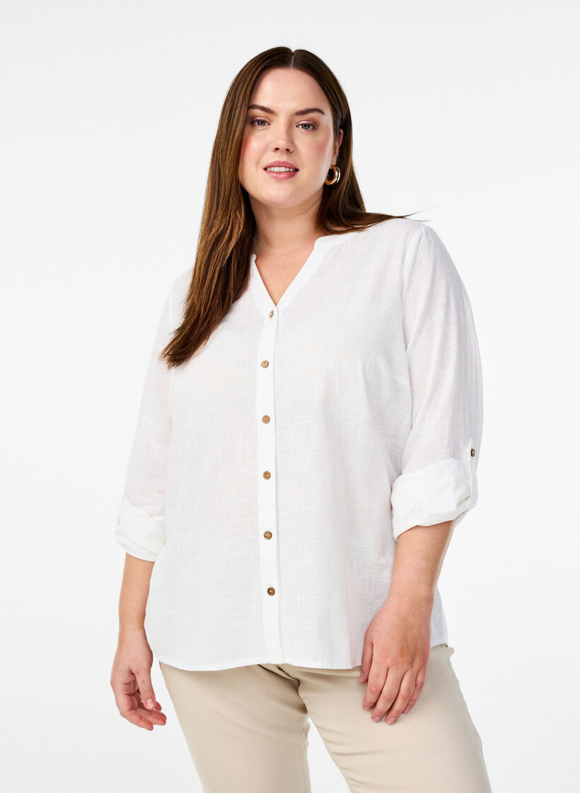 Skjortebluse i bomuld med v-udsk&aelig;ring, Hvid, Model image number 0