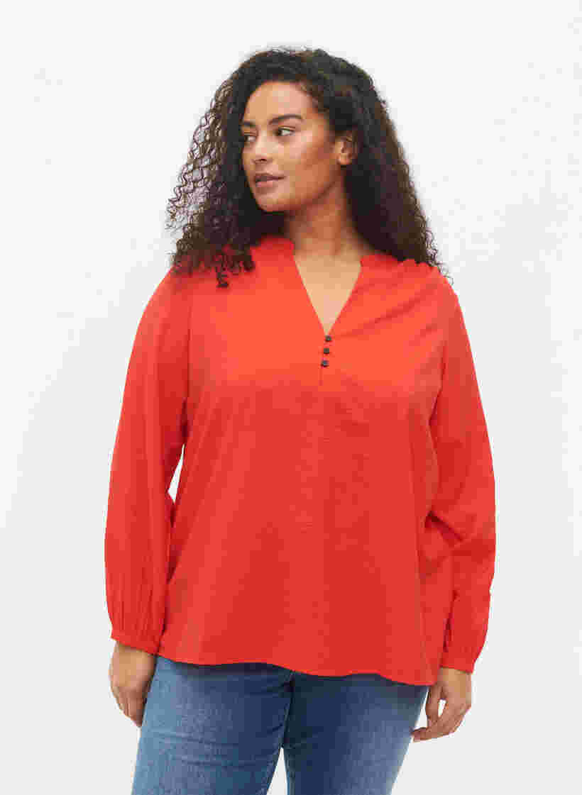 Langærmet bluse i viskosemix, Fiery Red, Model image number 0