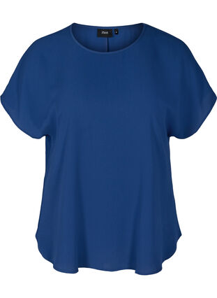 Bluse med korte ærmer og rund halsudskæring, Twilight Blue, Packshot image number 0