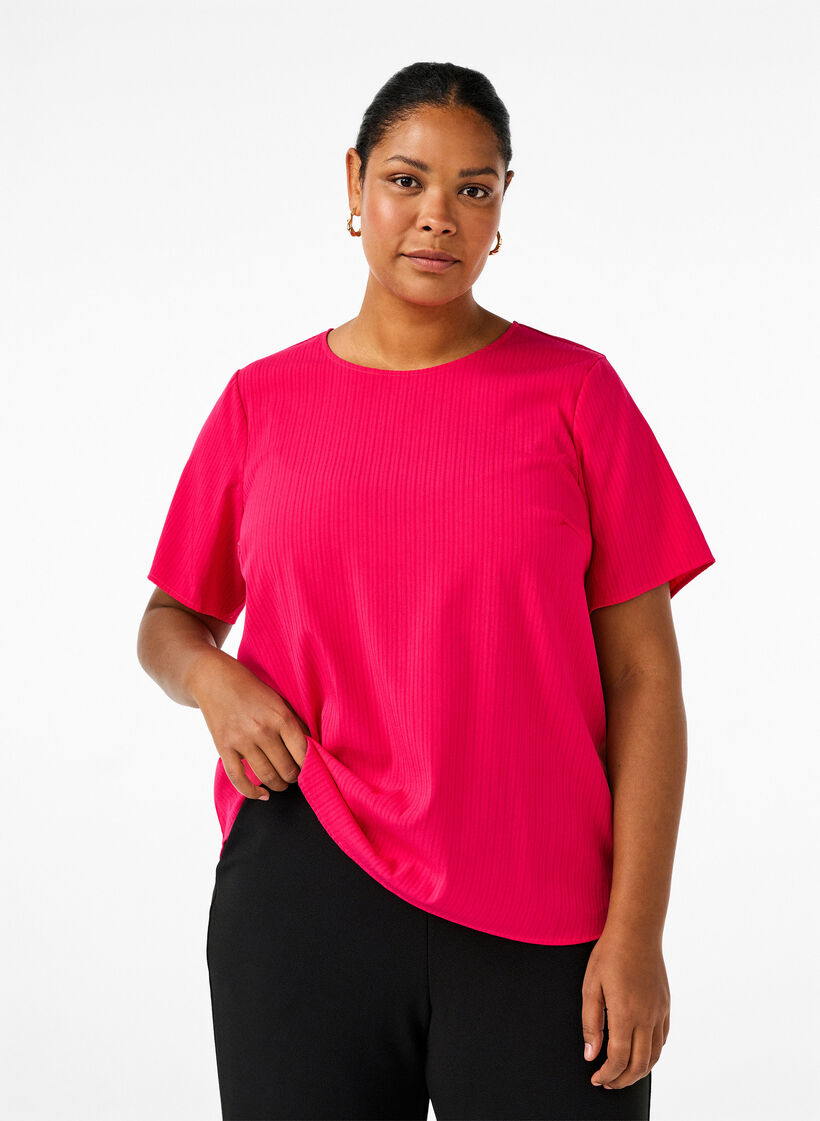 Kortærmet bluse i viskose med bindebånd, Bright Rose, Model image number 0