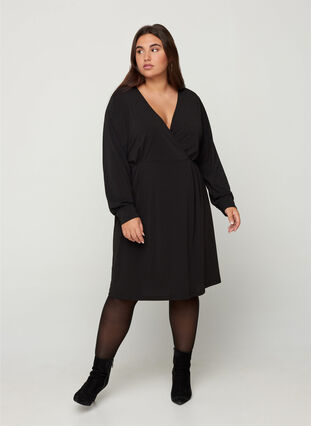 Langærmet kjole med v-udskæring, Black, Model image number 2
