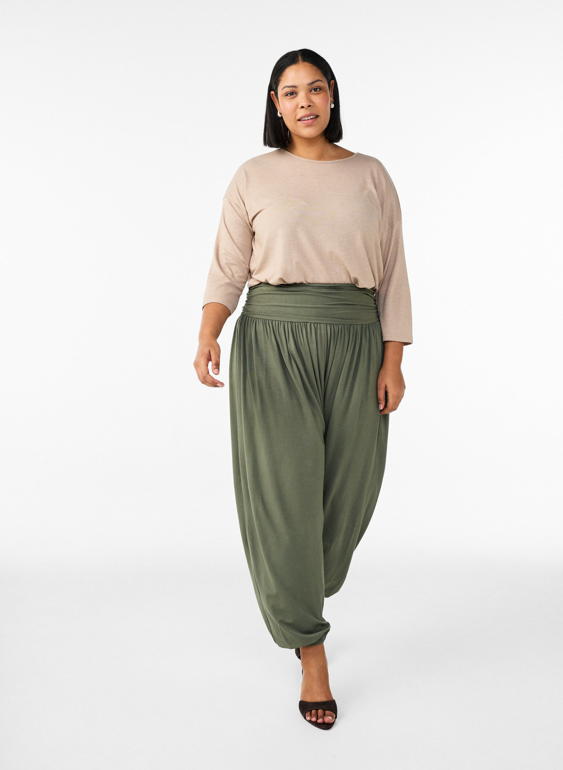 ZizziJerseybluse med 3/4 &aelig;rmer, Beige, Model image number 1
