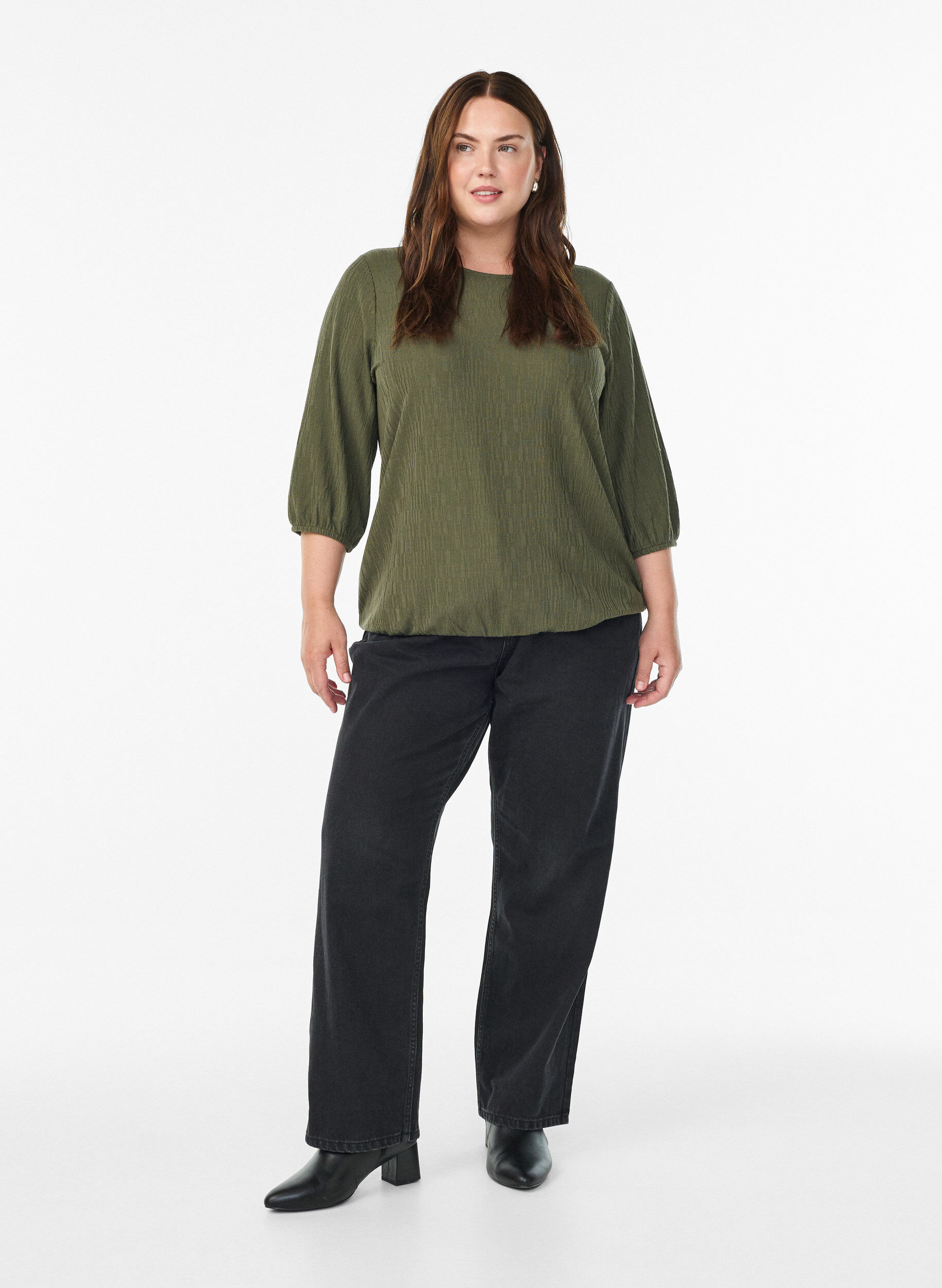 ZizziBluse med struktur og 3/4 &aelig;rmer, Gr&oslash;n, Model image number 1