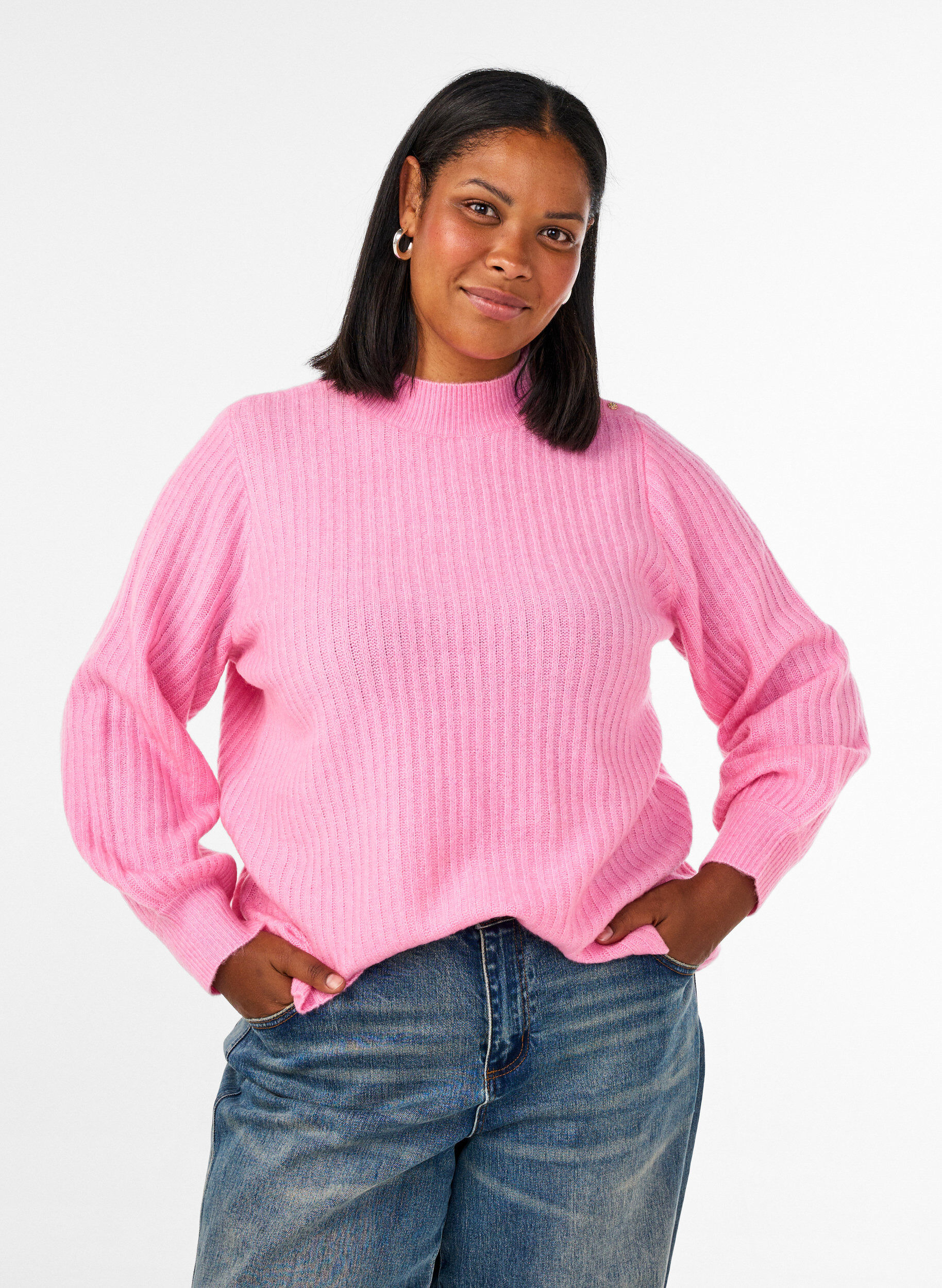 ZizziRibstrikket sweater med ballon&aelig;rmer og knapper, Lyser&oslash;d, Model image number 0