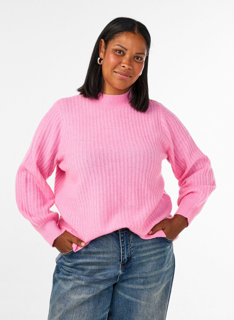 Ribstrikket sweater med ballon&aelig;rmer og knapper, Lyser&oslash;d, Model image number 0