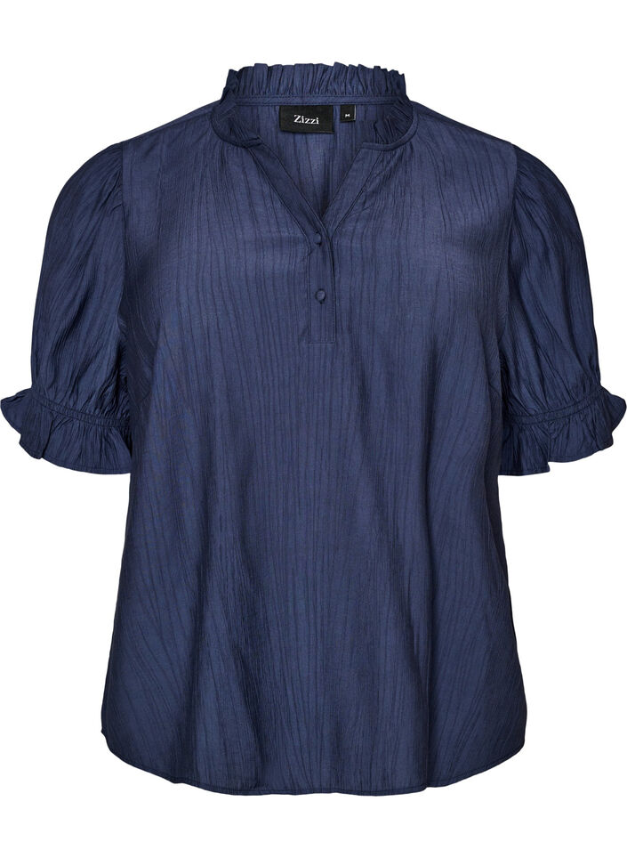 Bluse i viskoseblanding med kr&oslash;llet struktur og V-udsk&aelig;ring, Bl&aring;, Packshot image number 0