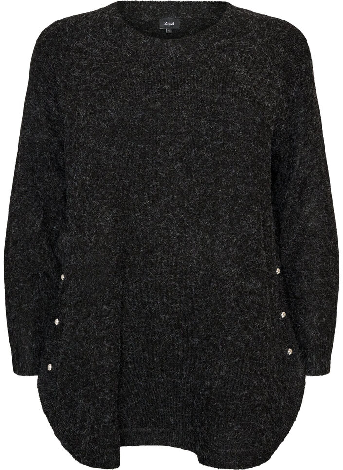 Lang strikbluse med kugleknapper, Gr&aring;, Packshot image number 0
