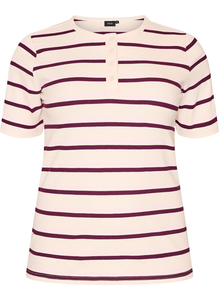 Rib T-shirt med striber og knapdetalje, Lilla, Packshot image number 0