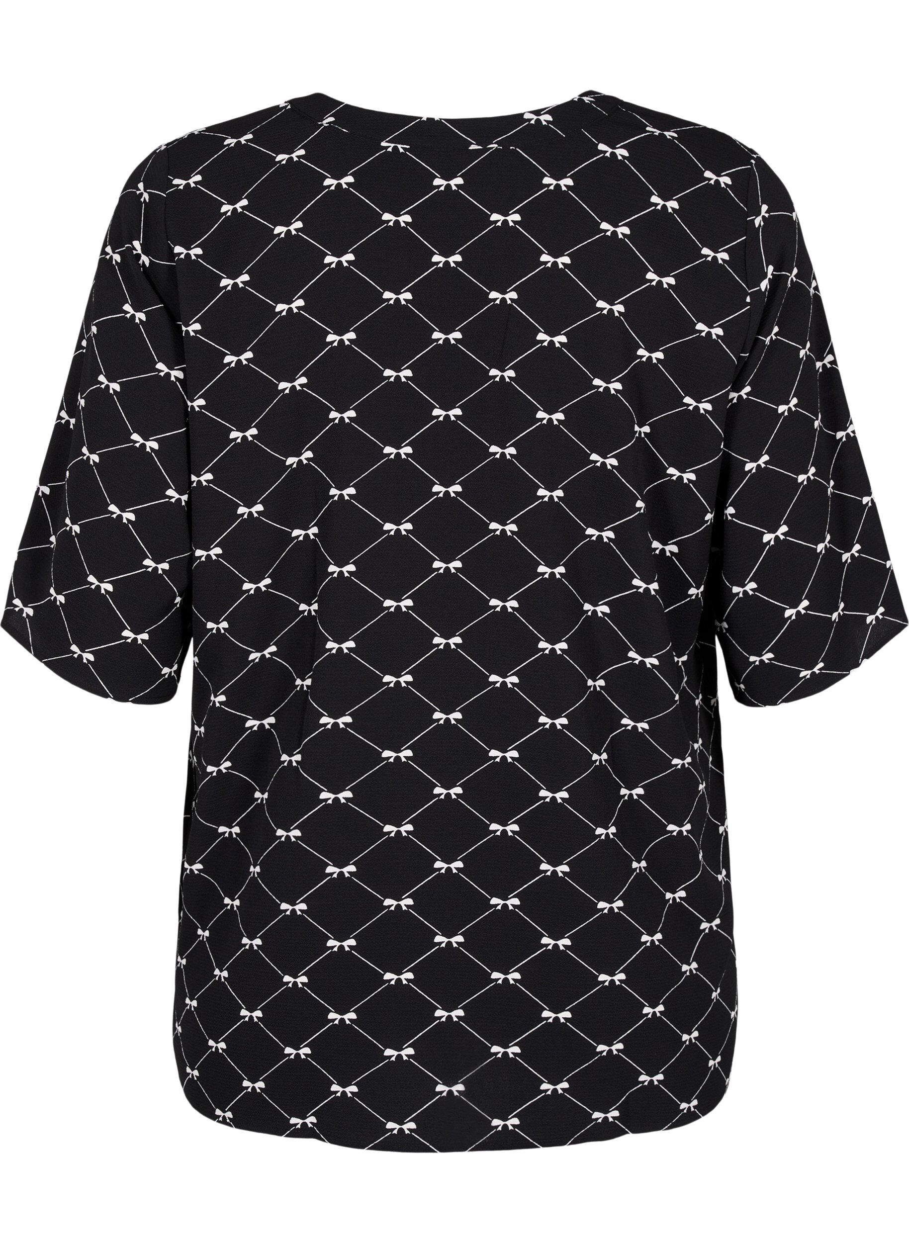 Zizzi V-hals bluse med sl&oslash;jfeprint, Black Bow AOP, Packshot image number 1