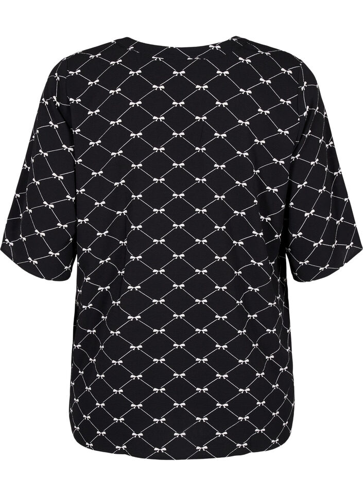 V-hals bluse med sløjfeprint, Black Bow AOP, Packshot image number 1
