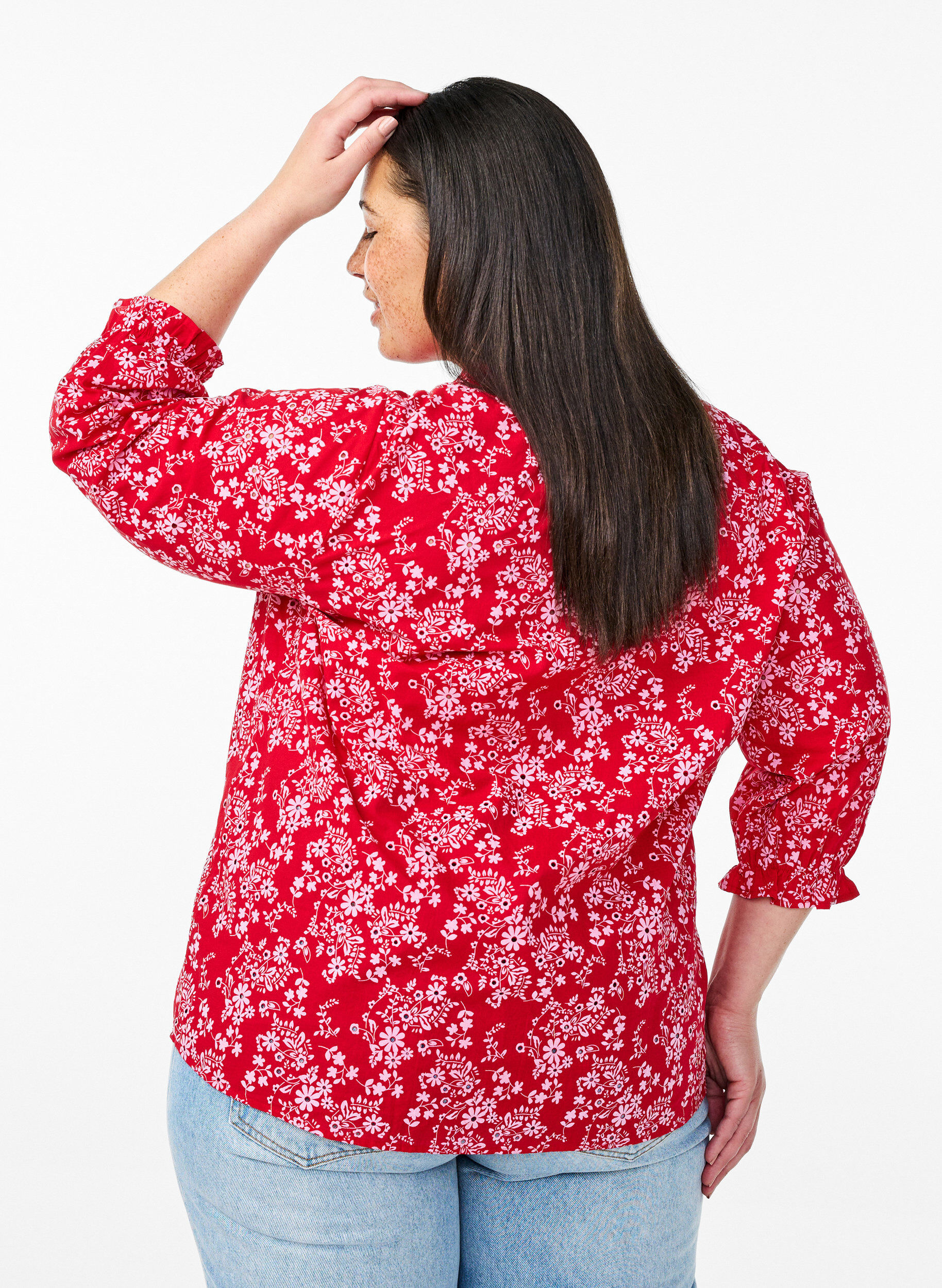 Zizzi Bluse i bomuld med blomsterprint, R&oslash;d, Model image number 2