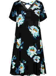 Blomstret kjole med korte ærmer i viskose, Black Big Flower
