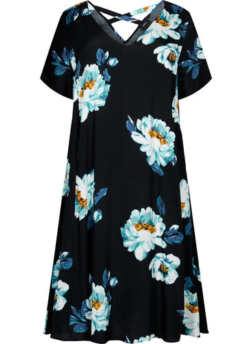 Blomstret kjole med korte ærmer i viskose, Black Big Flower, Packshot image number 0