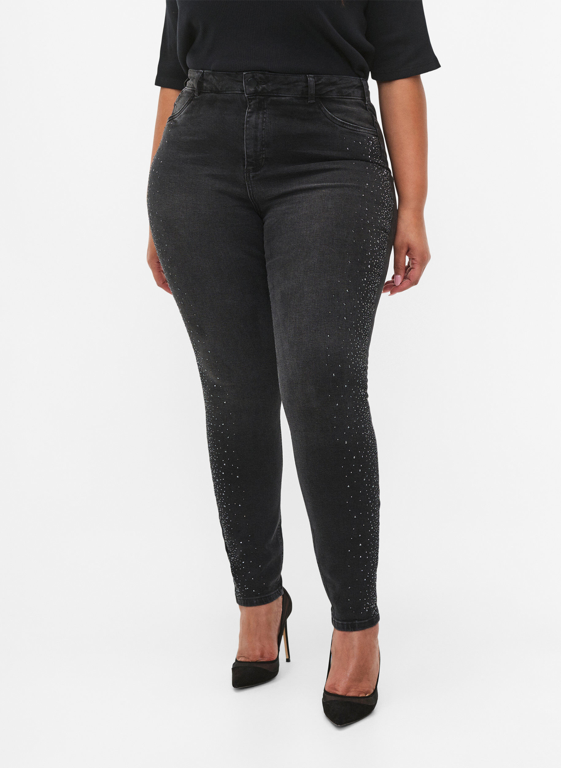 Zizzi H&oslash;jtaljede Amy jeans med similisten, Grey Denim, Model image number 2
