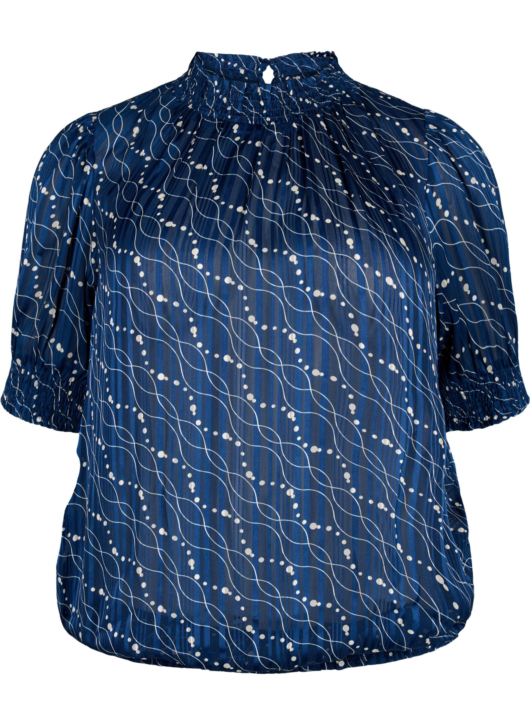 Zizzi Kort&aelig;rmet smockbluse med print, Dress Bl. Swirl AOP, Packshot image number 0